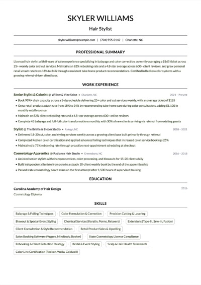 Hair Stylist resume example preview
