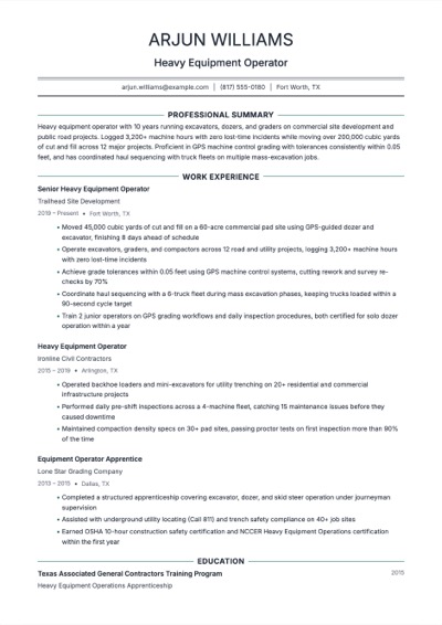 Heavy Equipment Operator resume example preview