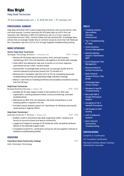 Help Desk Technician resume example preview