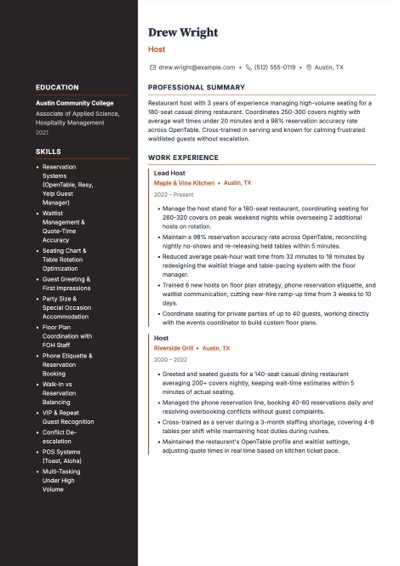 Host resume example preview