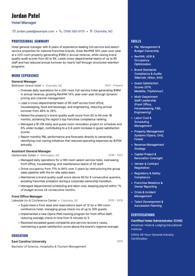Hotel Manager resume example preview