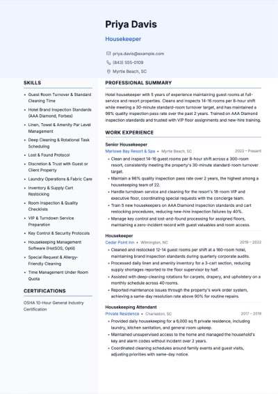 Housekeeper resume example preview