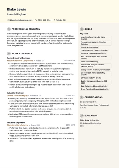 Industrial Engineer resume example preview