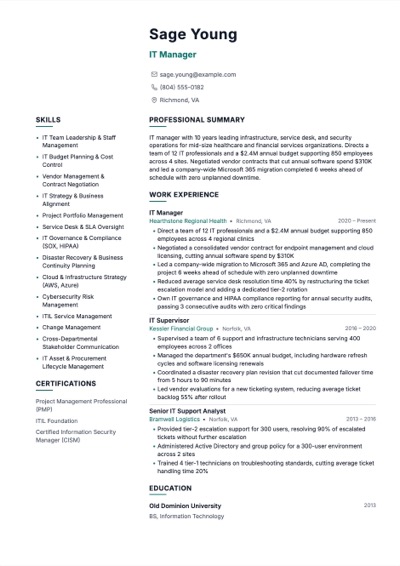 IT Manager resume example preview