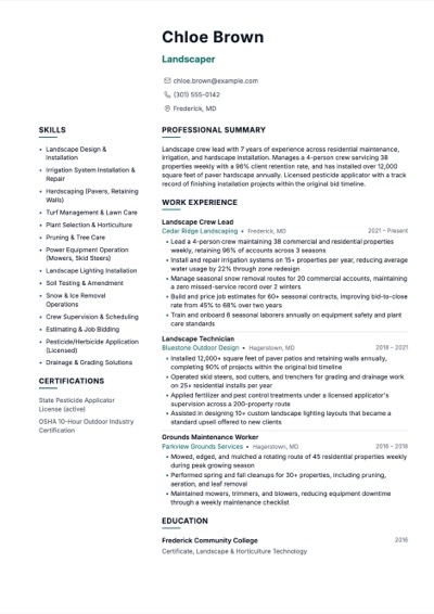 Landscaper resume example preview