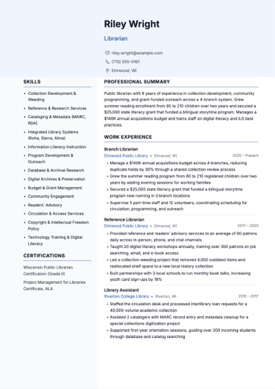 Librarian resume example preview