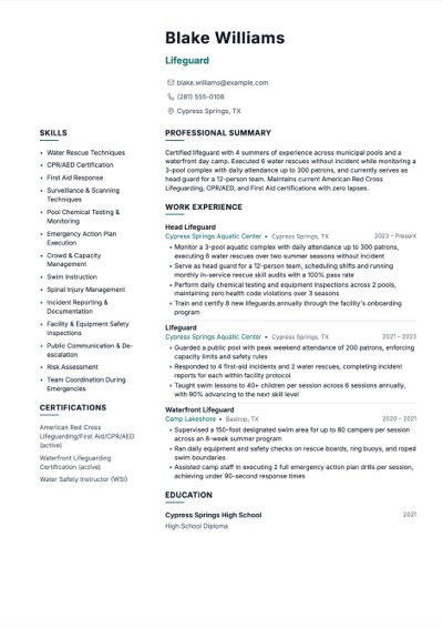Lifeguard resume example preview