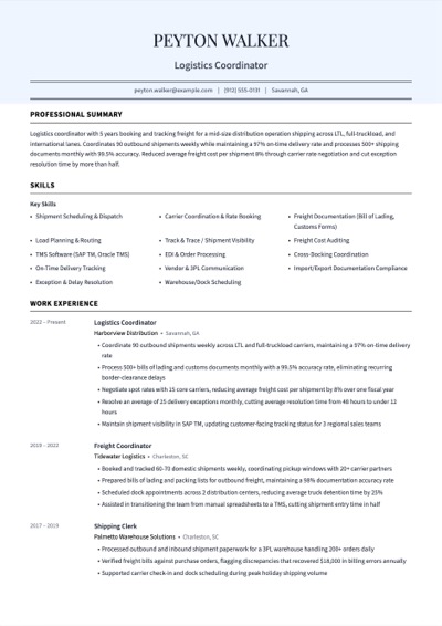 Logistics Coordinator resume example preview