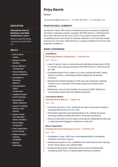 Mason resume example preview