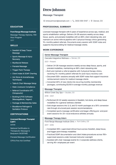 Massage Therapist resume example preview