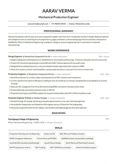 Mechanical Production Engineer resume example preview