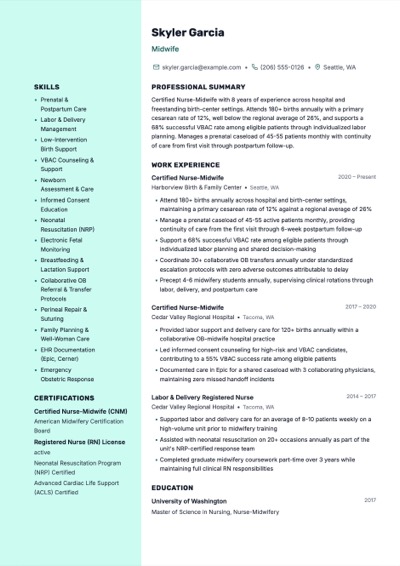 Midwife resume example preview