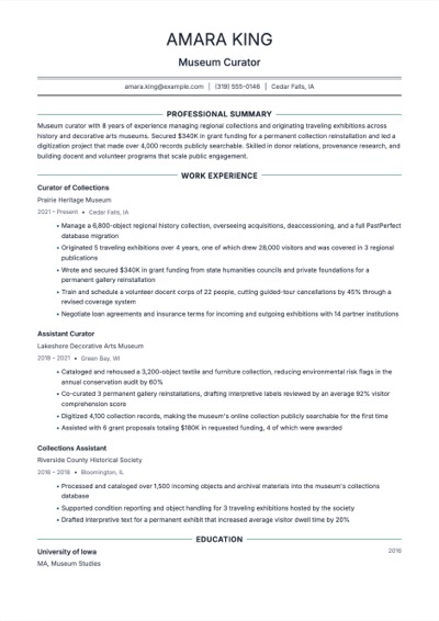Museum Curator resume example preview