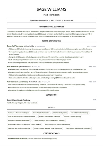 Nail Technician resume example preview