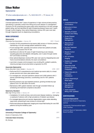 Optometrist resume example preview