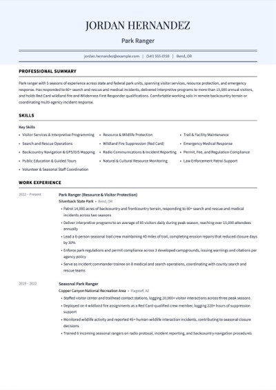 Park Ranger resume example preview