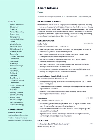 Pastor resume example preview