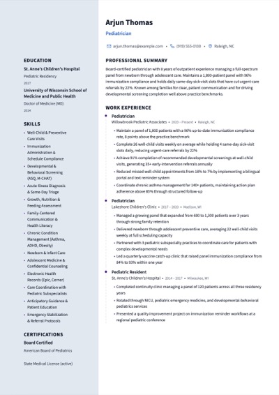 Pediatrician resume example preview