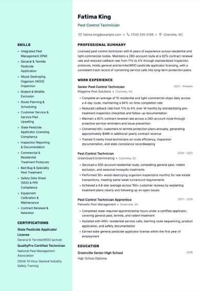 Pest Control Technician resume example preview