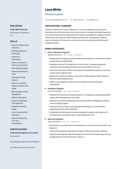 Petroleum Engineer resume example preview