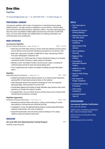 Pipefitter resume example preview