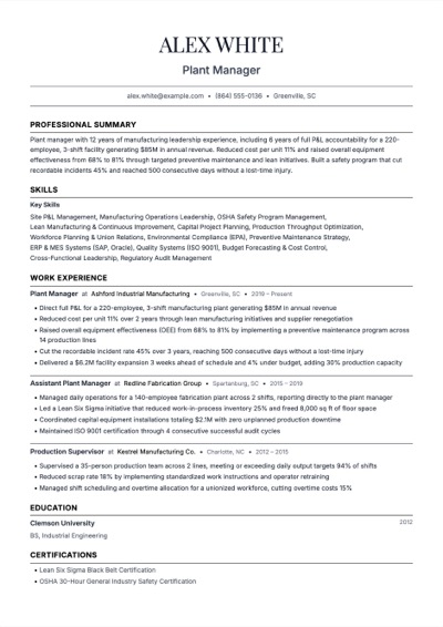 Plant Manager resume example preview