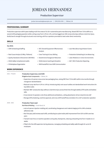 Production Supervisor resume example preview