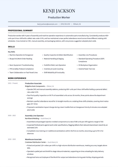 Production Worker resume example preview