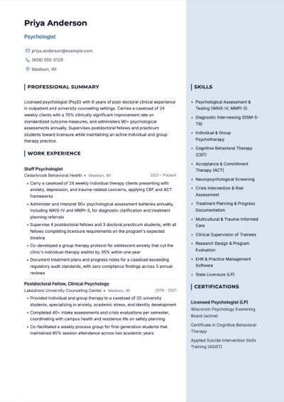 Psychologist resume example preview