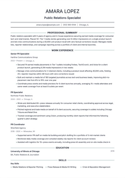Public Relations Specialist resume example preview