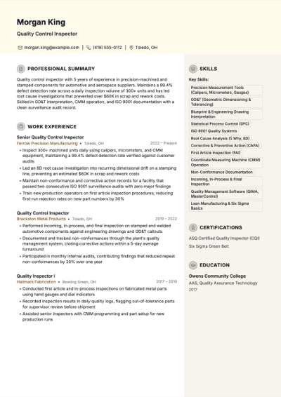 Quality Control Inspector resume example preview