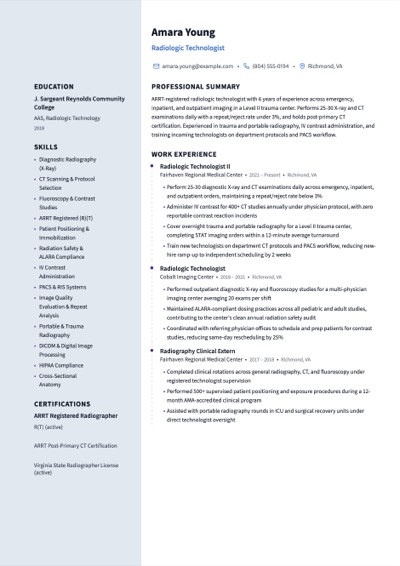 Radiologic Technologist resume example preview