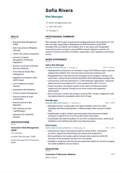 Risk Manager resume example preview