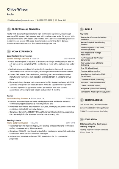 Roofer resume example preview