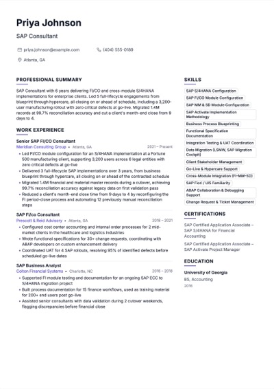 SAP Consultant resume example preview