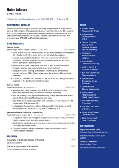 School Nurse resume example preview