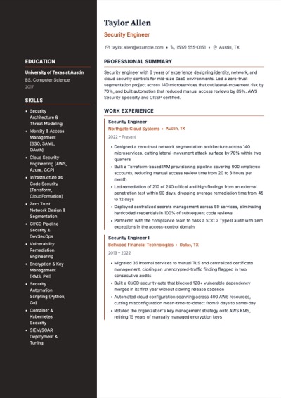 Security Engineer resume example preview