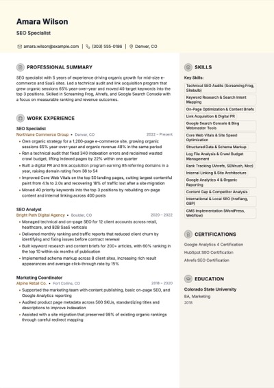 SEO Specialist resume example preview