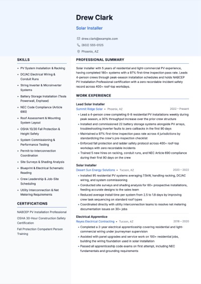 Solar Installer resume example preview