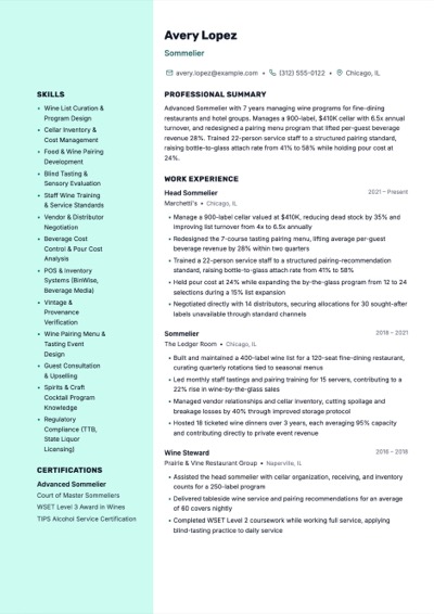 Sommelier resume example preview