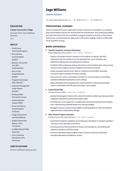 Teacher Assistant resume example preview