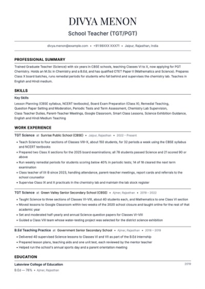 School Teacher (TGT/PGT) resume example preview