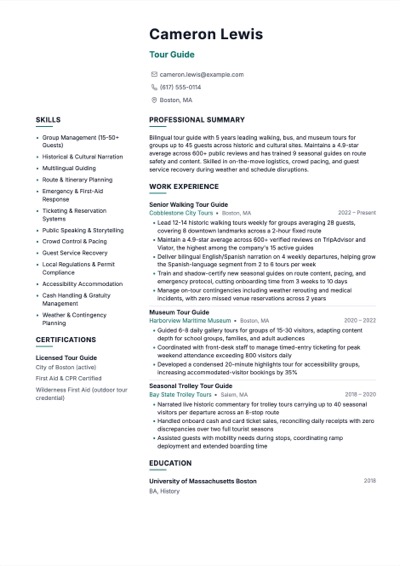 Tour Guide resume example preview