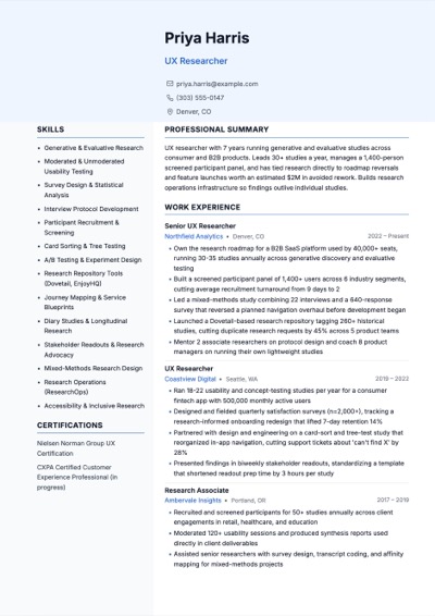 UX Researcher resume example preview