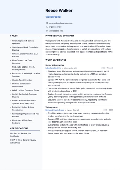 Videographer resume example preview