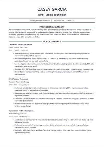 Wind Turbine Technician resume example preview