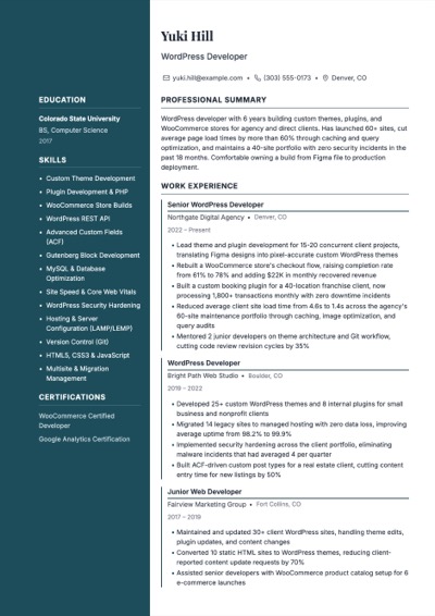 WordPress Developer resume example preview