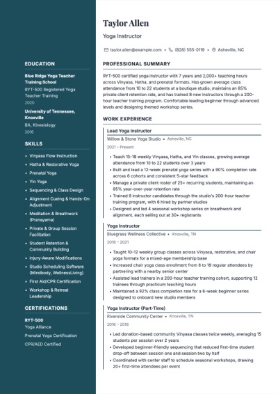 Yoga Instructor resume example preview