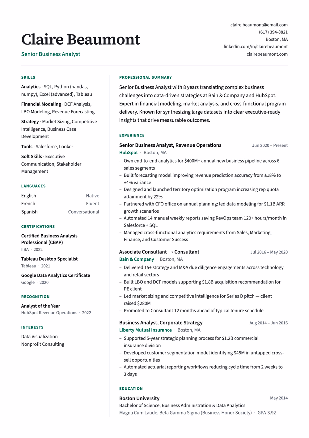 Atlas resume template — left rail layout for Consultant