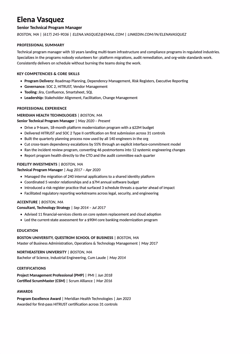 Brief resume template — single column layout for Brief